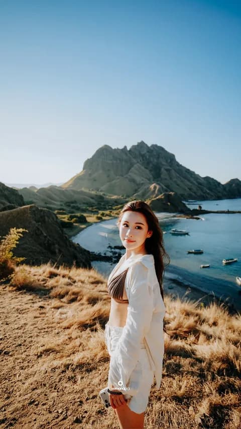 Padar Island viewpoint in dry season with boats below