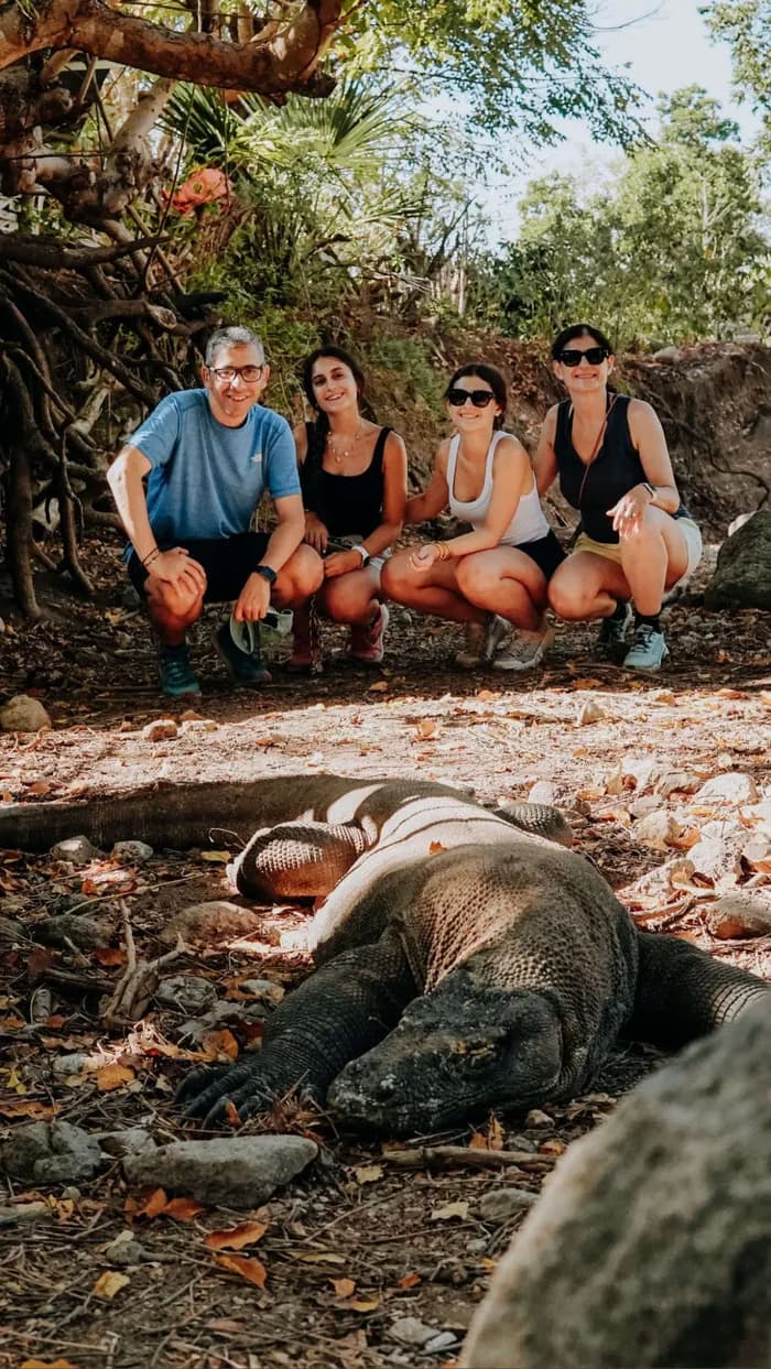 Family encountering a Komodo dragon up close