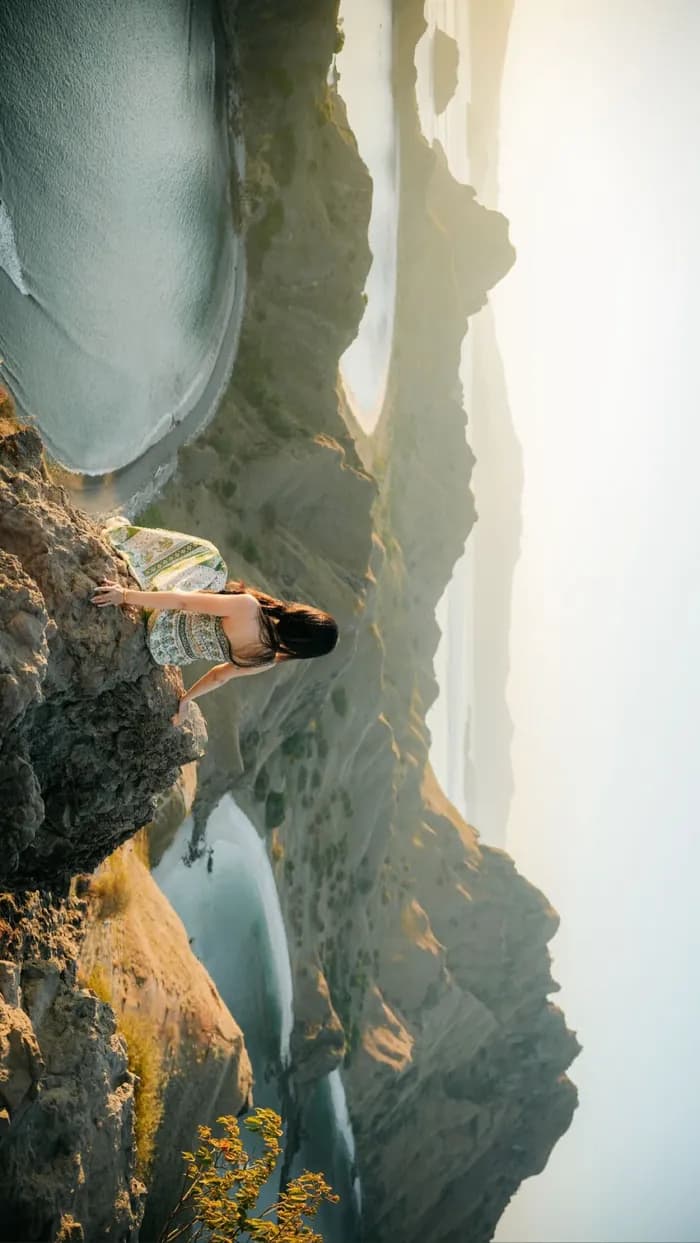 Traveler posing on a Padar Island cliff edge