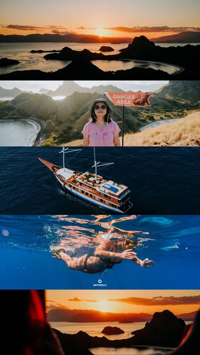Sailing Komodo trip highlights: sunset, Komodo dragon sign, Phinisi boat and snorkeling